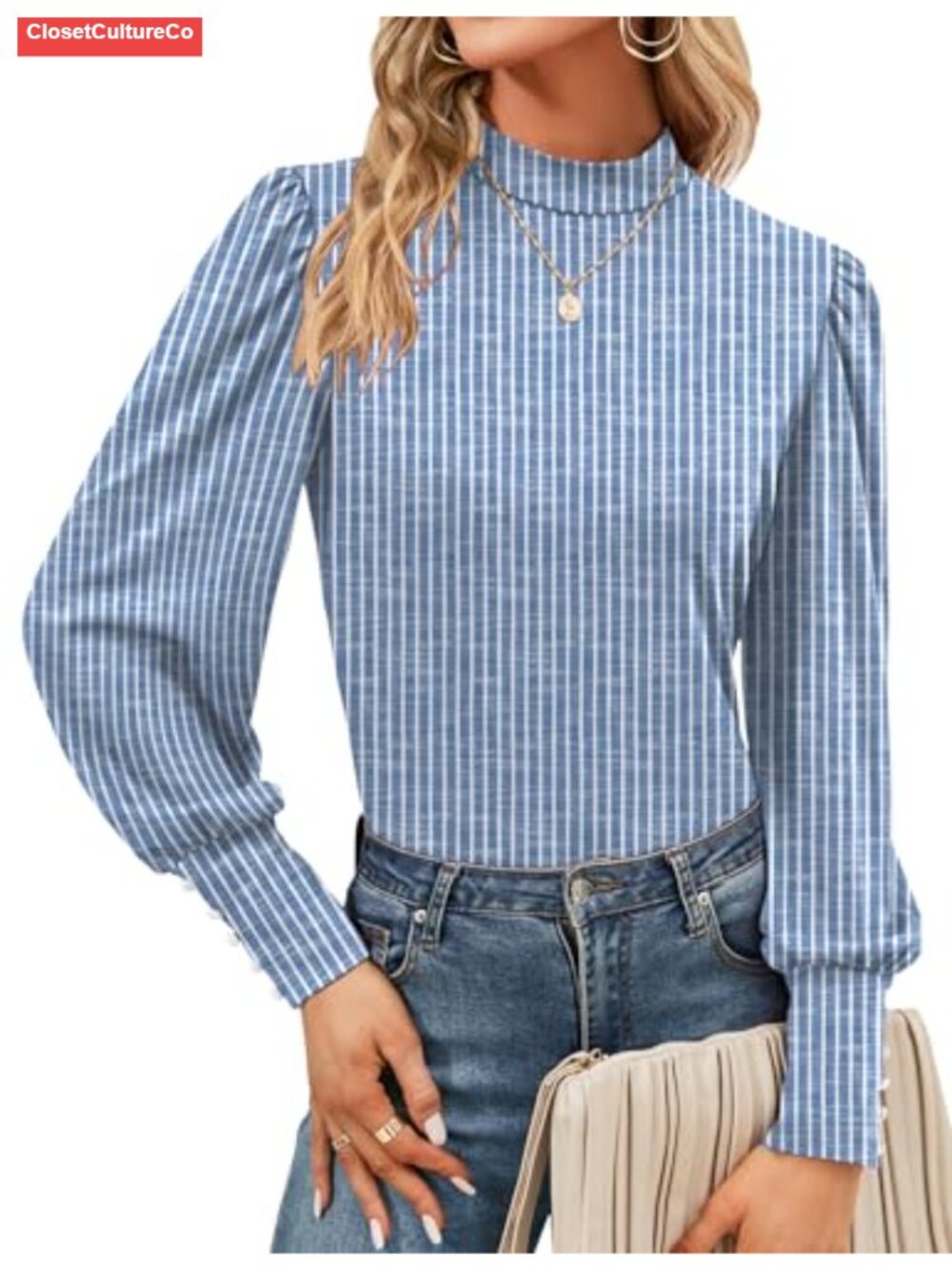 Womens Mock Neck Puff Long Sleeve Blouse Button Cuff Top
